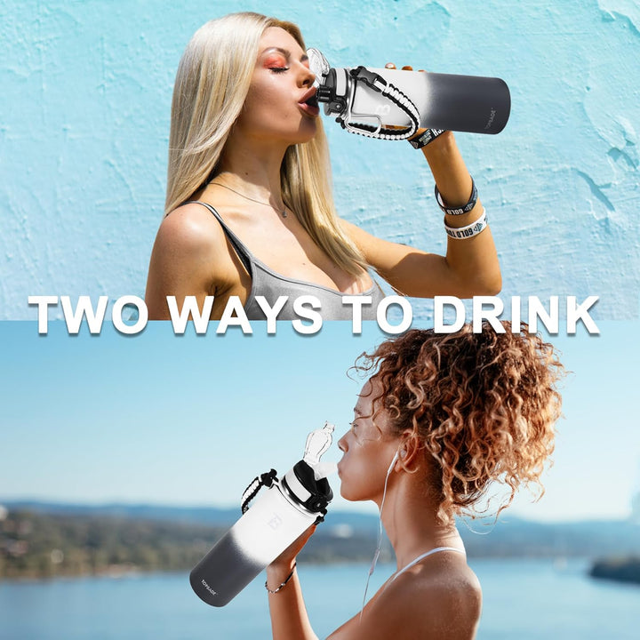 TOPBADE 700ml Edelstahl Trinkflasche Sport mit 2 Deckel (Strohhalm/no Strohhalm), 0.7L BPA-Frei Ausl