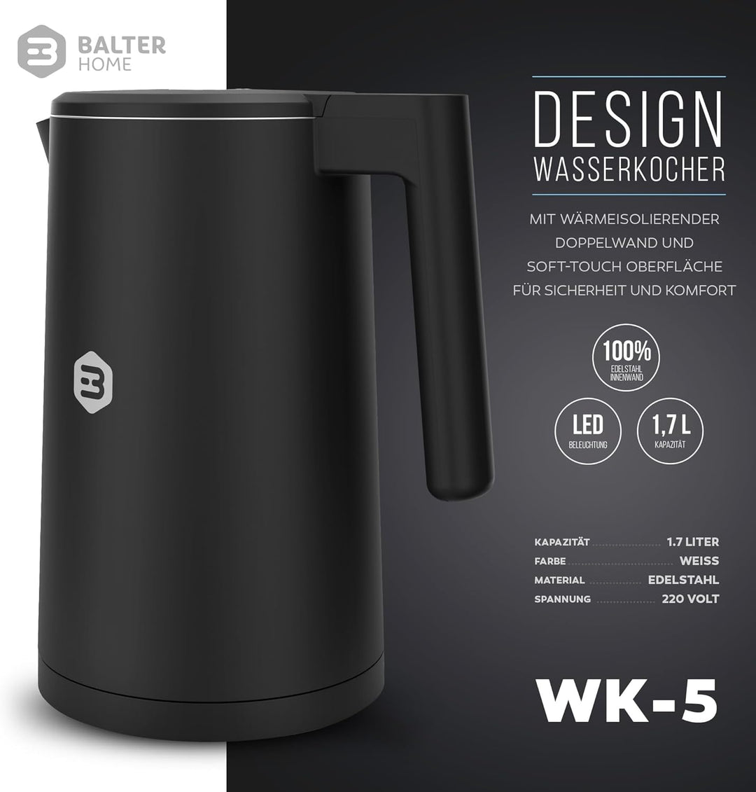 Balter Edelstahl Wasserkocher mit Temperatureinstellung, 40°C-100°C, Doppelwand, BPA frei, 1,7L, Sch