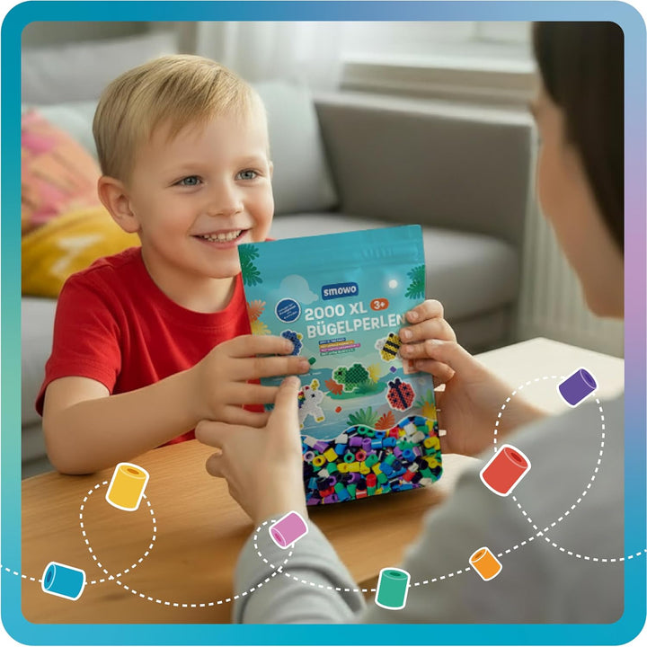 Smowo® Grosse 10mm Bügelperlen 2000 Stück für Kinder ab 3 Jahren - 7 bunte Farben XL Steckperlen - K