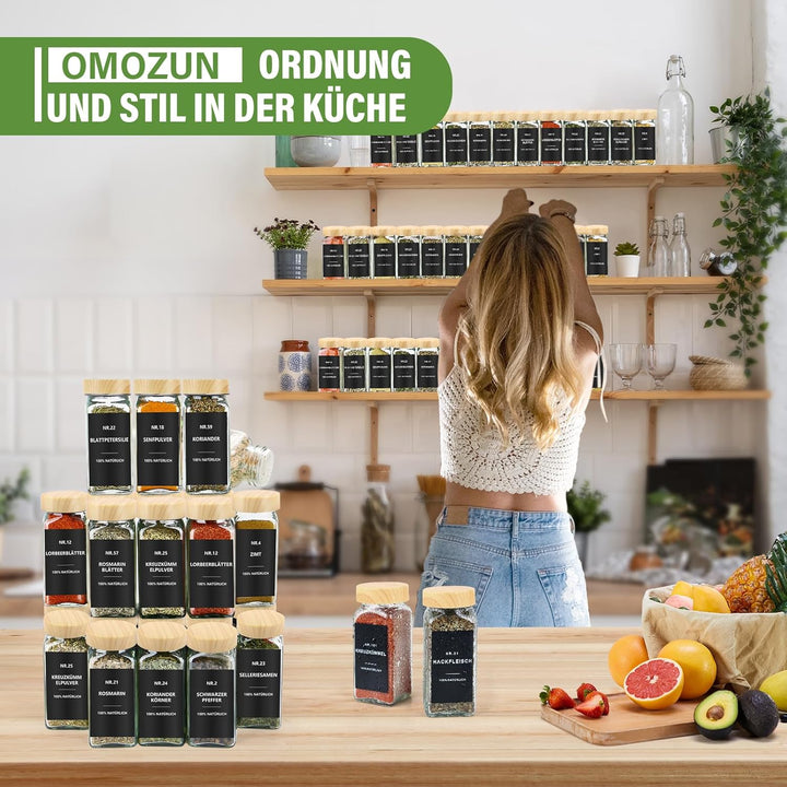 Gewürzgläser Eckig mit Etiketten Set 12er: Kleine Gewürzdosen Glas 120ml mit Streueinsatz Wasserfest