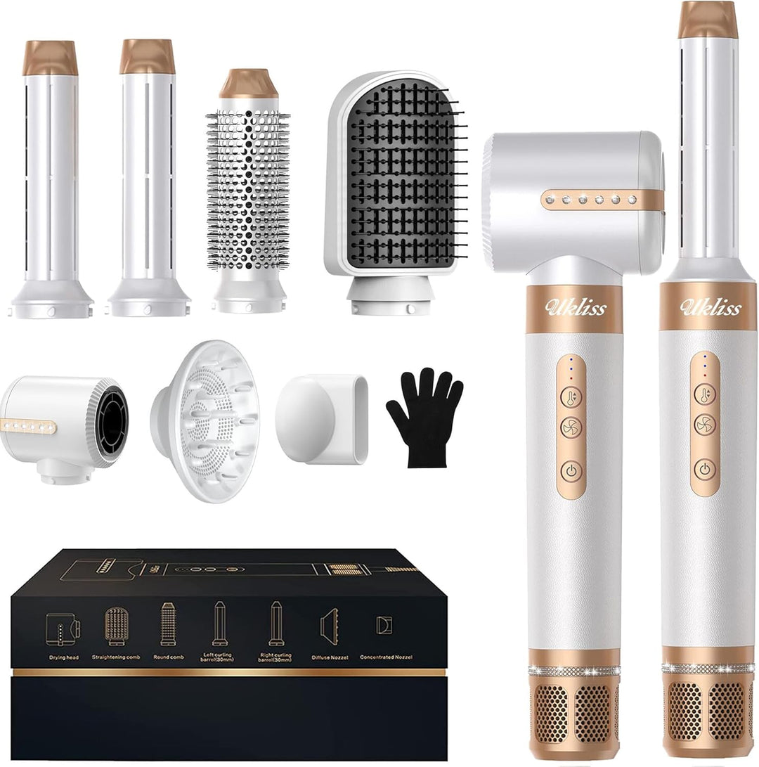 UKLISS Airstyler Pro, 7 in 1 Haartrockner & Hair Styler Set mit Auto-Wrap-Lockenstab, Rundbürstenföh