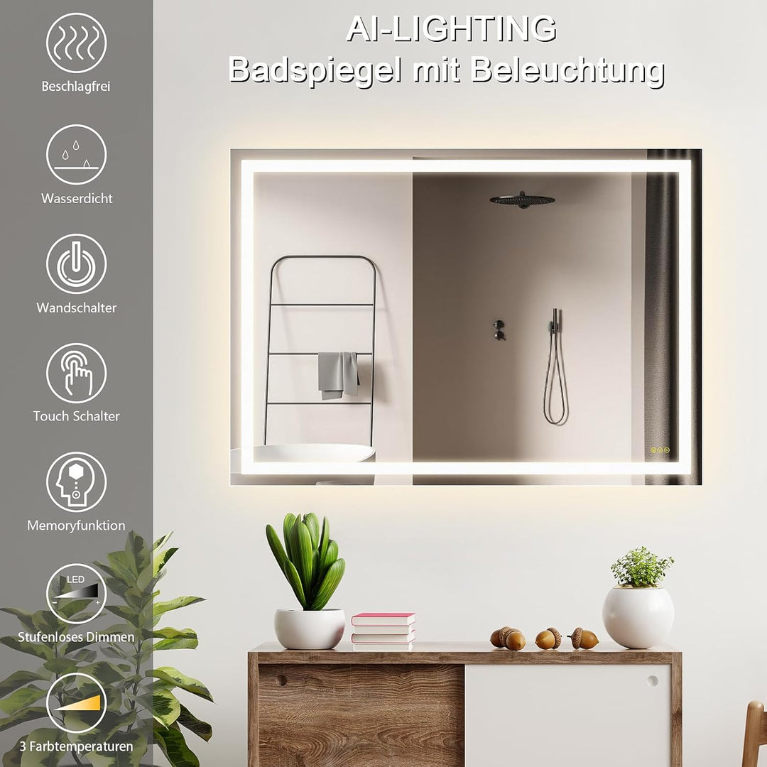 AI-LIGHTING Badezimmer Spiegel mit Led 50×70 cm Badspiegel mit Beleuchtung mit Touch-Schalter 3 Lich