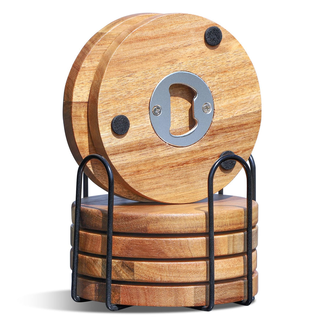 Untersetzer Gläser Holz 6er Set, Glasuntersetzer Holz mit Flaschenöffner, Bierdeckel Untersetzer run