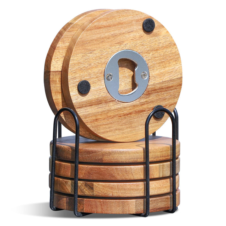 Untersetzer Gläser Holz 6er Set, Glasuntersetzer Holz mit Flaschenöffner, Bierdeckel Untersetzer run