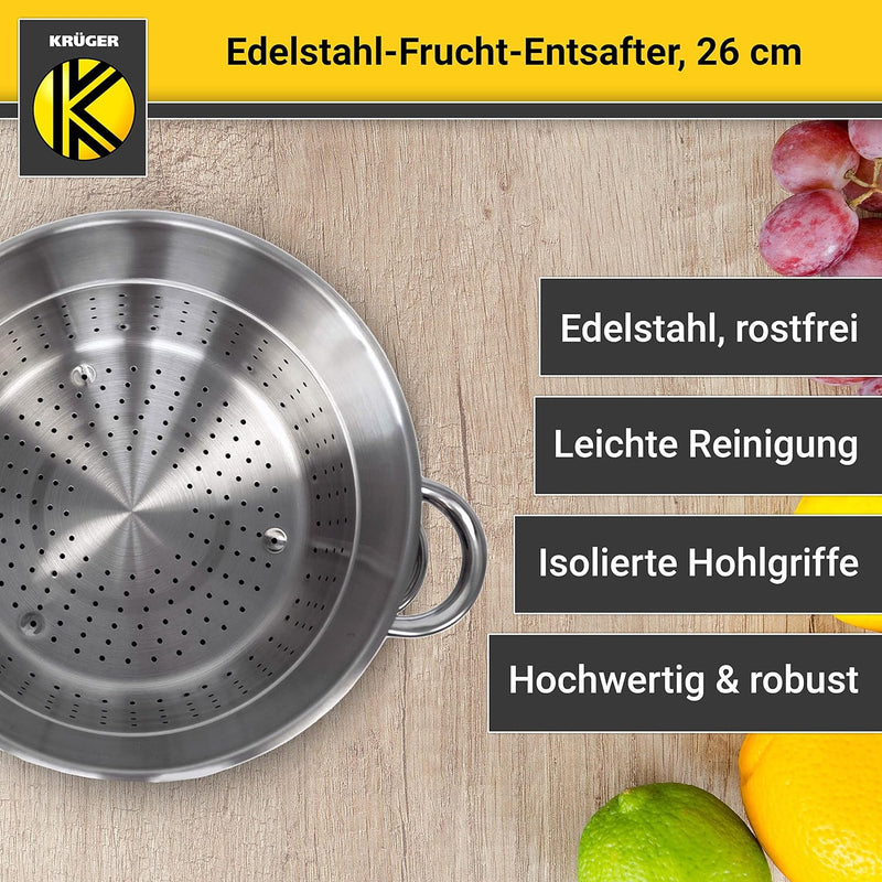 Krüger Edelstahl-Frucht-Entsafter 26cm - schonendes Entsaften von Obst und Gemüse - nach Dampfentsaf