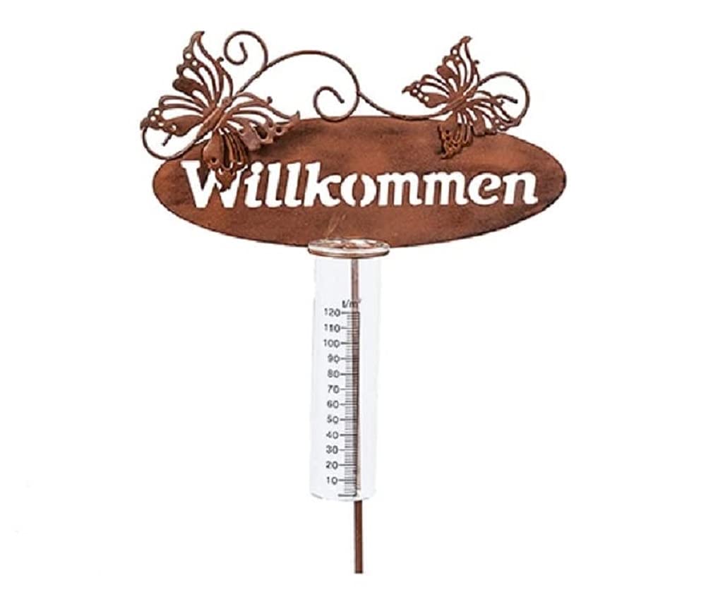 Gartenstecker Regenmesser Willkommen mit Zwei Schmetterlinge aus Metall