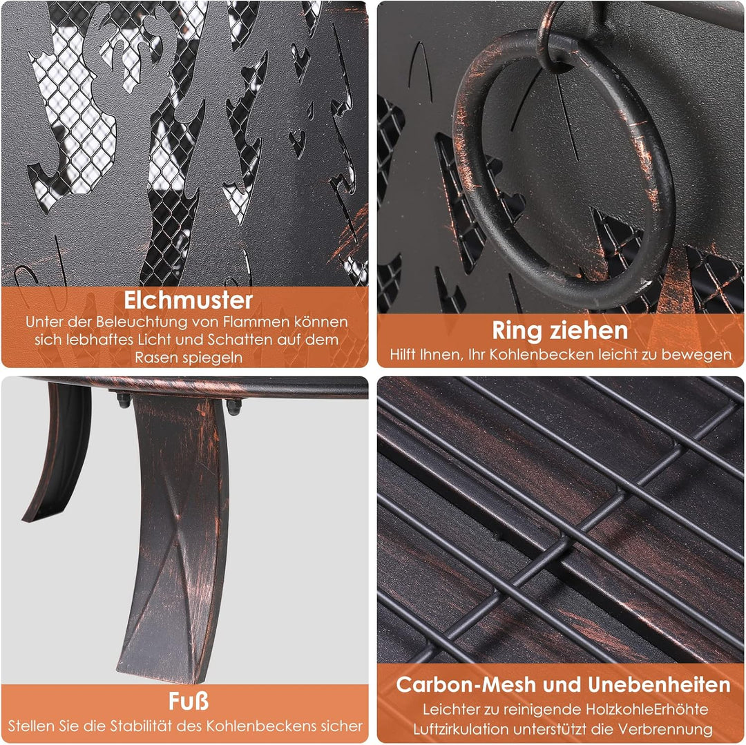 Feuerschale, Feuerschale Garten, Feuerkorb mit Funkenschutz, Feuerstelle Retro-Look, inkl. Poker & K