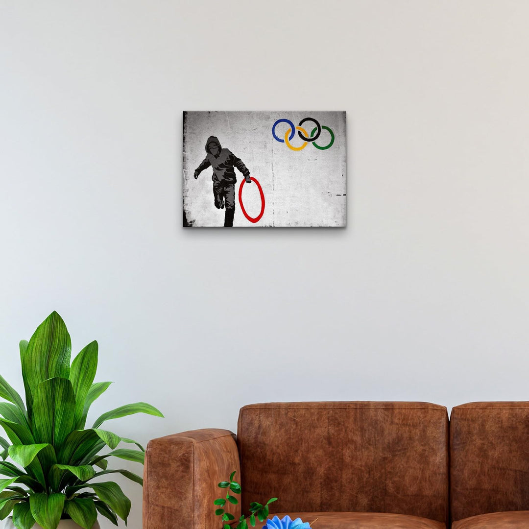 Giallobus - Gemälde - Banksy - - Standardleinwand - 70x50-11 - Olympischer Kreis - Bereit zum Aufhän