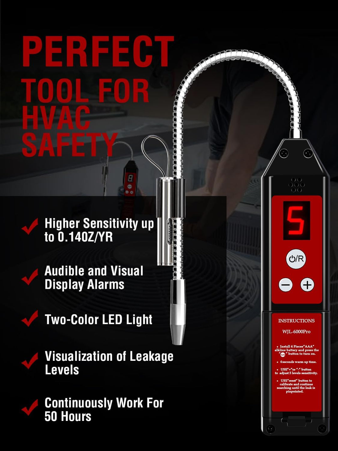 Kältemittel Lecksuchgerät mit LED-Licht, WJL-6000 PRO Halogen Detektor Lecksuchgerät Freon-Gasleckte