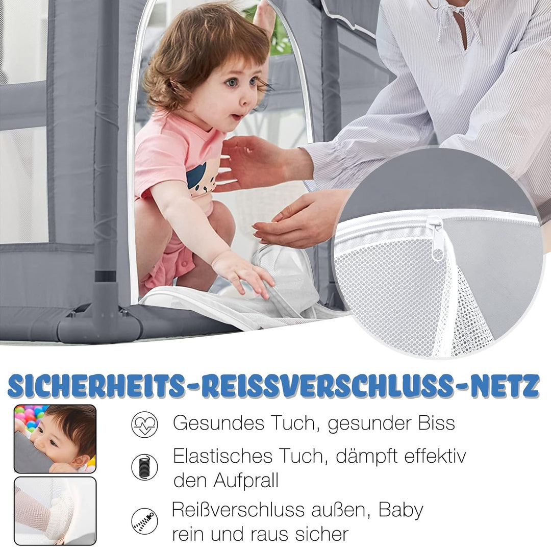 NAIZY Baby Laufstall L Laufgitter Grau Absperrgitter mit Rutschfester Basis und Atmungsaktivem Netz