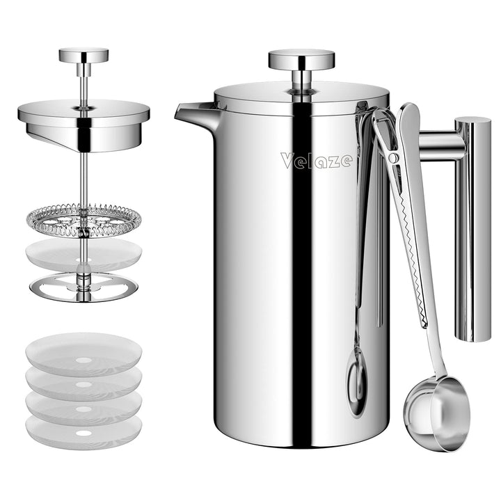 Velaze French Press Edelstahl Kaffeebereiter, 350ML Kaffeezubereiter für 2-3 Tassen, Doppelwandige F
