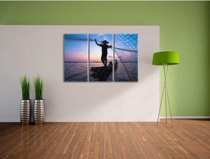 Pixxprint Fischer wirft Sein Netz bei Sonnenuntergang aus Kunst Buntstift Effekt 3-Teiler Leinwandbi