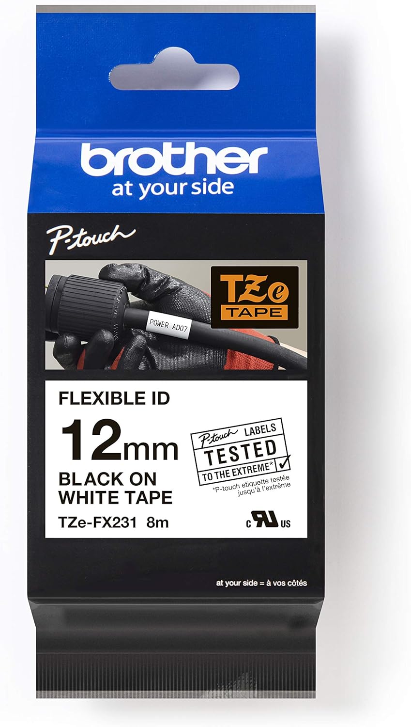 Brother TZe-FX231 Schriftbandkassette 12mm Schwarz/Weiss 12 mm x 8 m Flexible ID, Schwarz/Weiss 12 m