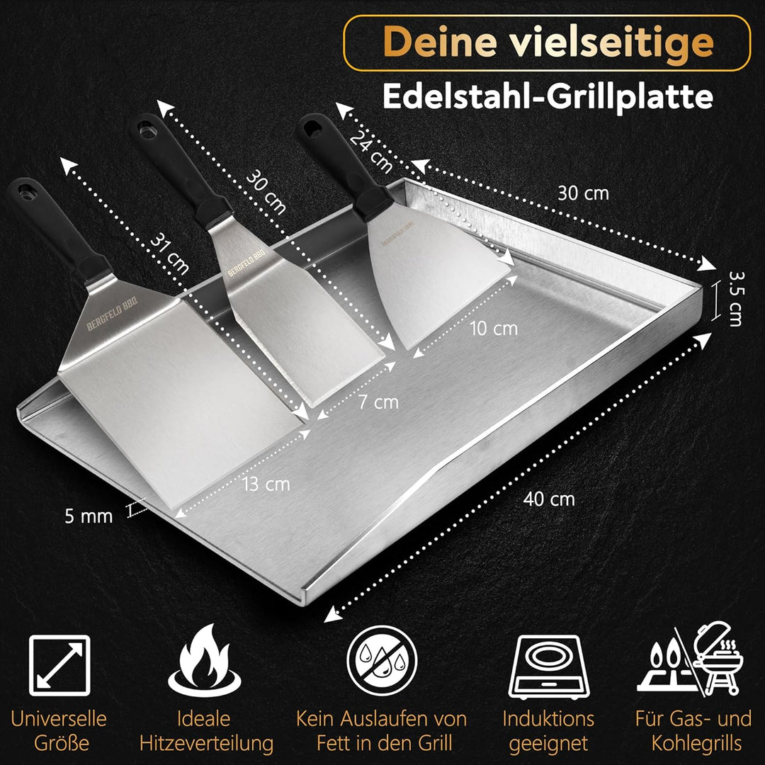 Bergfeld BBQ Grillplatte - Premium Plancha Set [30x40 cm] - 5mm dicker Edelstahl - 25% dicker als di