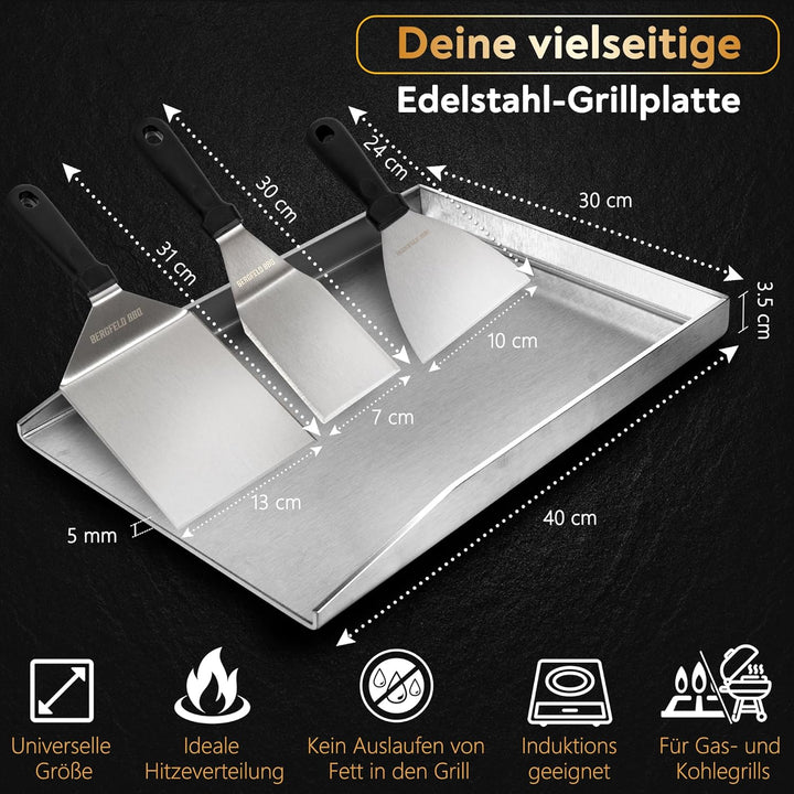 Bergfeld BBQ Grillplatte - Premium Plancha Set [30x40 cm] - 5mm dicker Edelstahl - 25% dicker als di