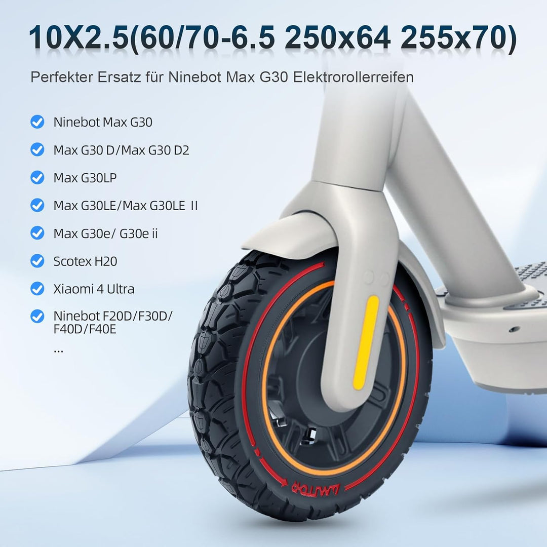 10X2,5(250x64 60/70-6,5) Vollgummireifen 10 Zoll Solide Reifen für Ninebot Max G30/Max G30D/Max G30D