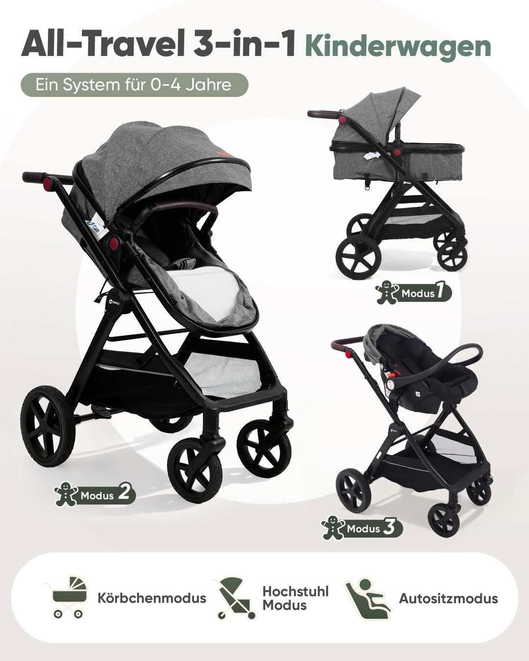 Sekey Kombi Kinderwagen Baby 3 in 1 Komplettset mit Regenschutz und Moskitonetz, Kinderwagen mit Lie