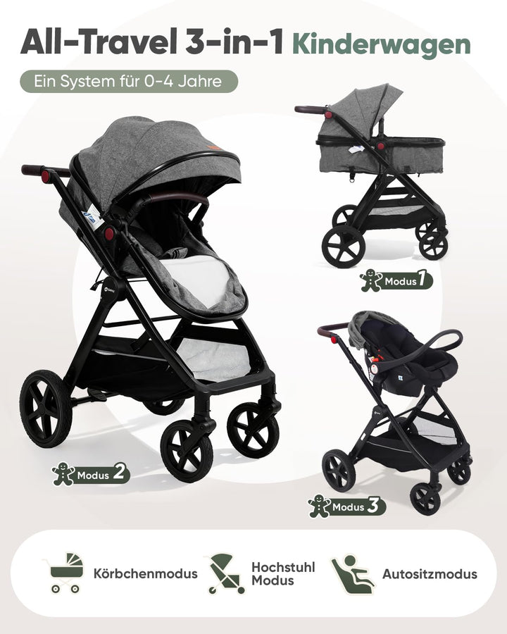 Sekey Kombi Kinderwagen Baby 3 in 1 Komplettset mit Regenschutz und Moskitonetz, Kinderwagen mit Lie