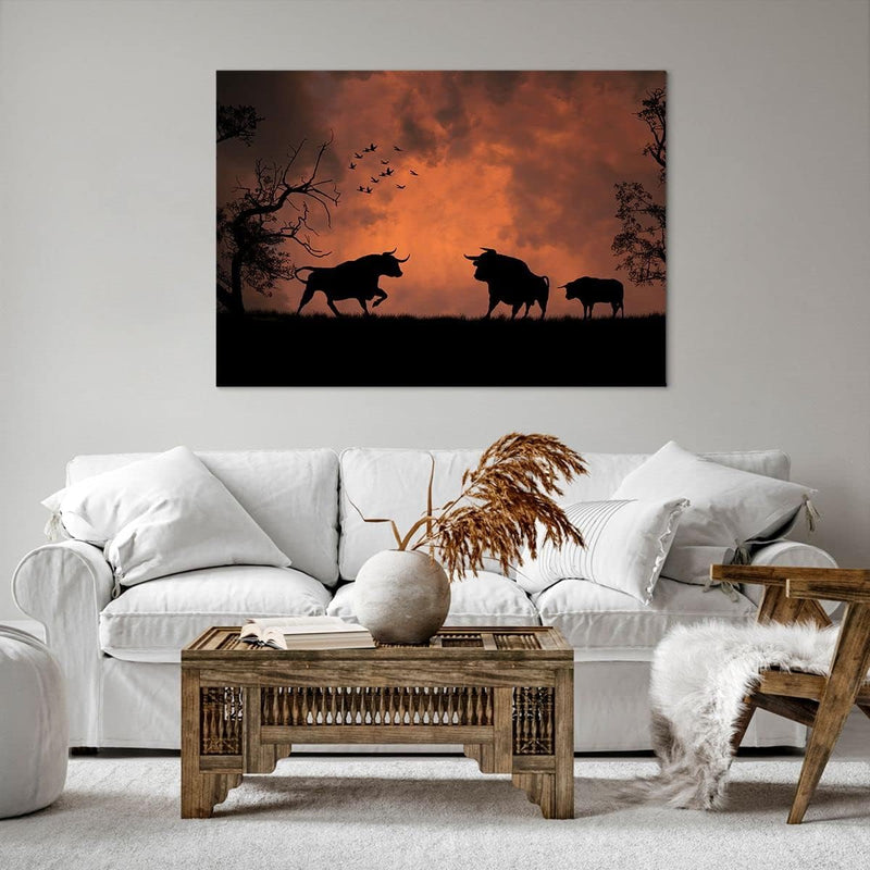 Bilder auf Leinwand 100x70cm Leinwandbild mit Rahmen Tier wütend Stier Gross Wanddeko Bild Schlafzim