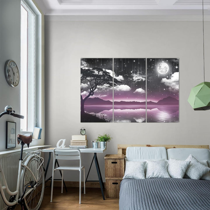 Runa Art Wandbilder Nachthimmel Natur Bild XXL Wohnzimmer Schlafzimmer Violett Grau Mondschein Wasse