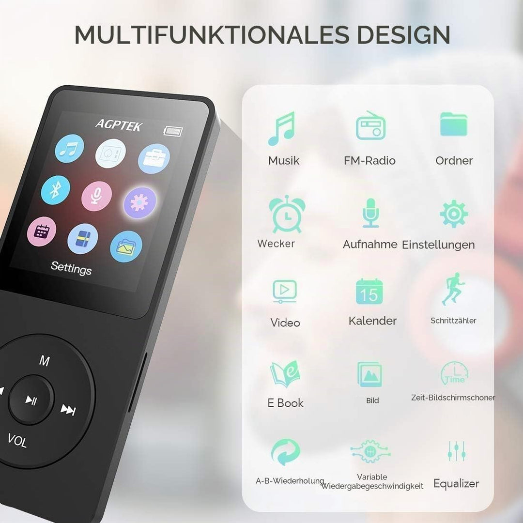 AGPTEK MP3-Player, 32 GB, Bluetooth 5.3, verlustfrei, HiFi, 70 Std., lange Akkulaufzeit, tragbar, mi