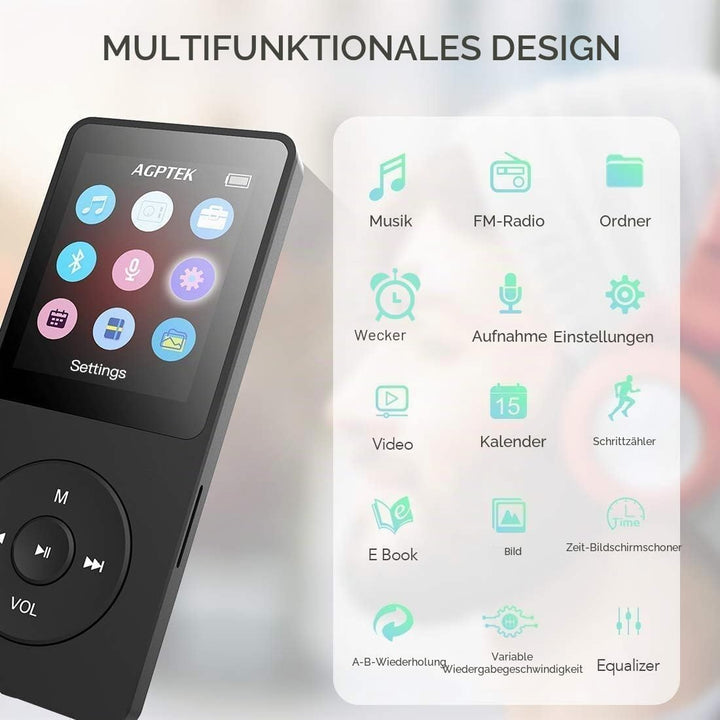 AGPTEK MP3-Player, 32 GB, Bluetooth 5.3, verlustfrei, HiFi, 70 Std., lange Akkulaufzeit, tragbar, mi