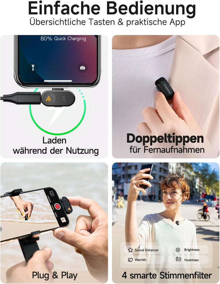 Kabelloses Handy Mikrofon - Wireless-Lavalier-Mikrofon für iPhone 16/15 Android, 4 Level Rauschunter