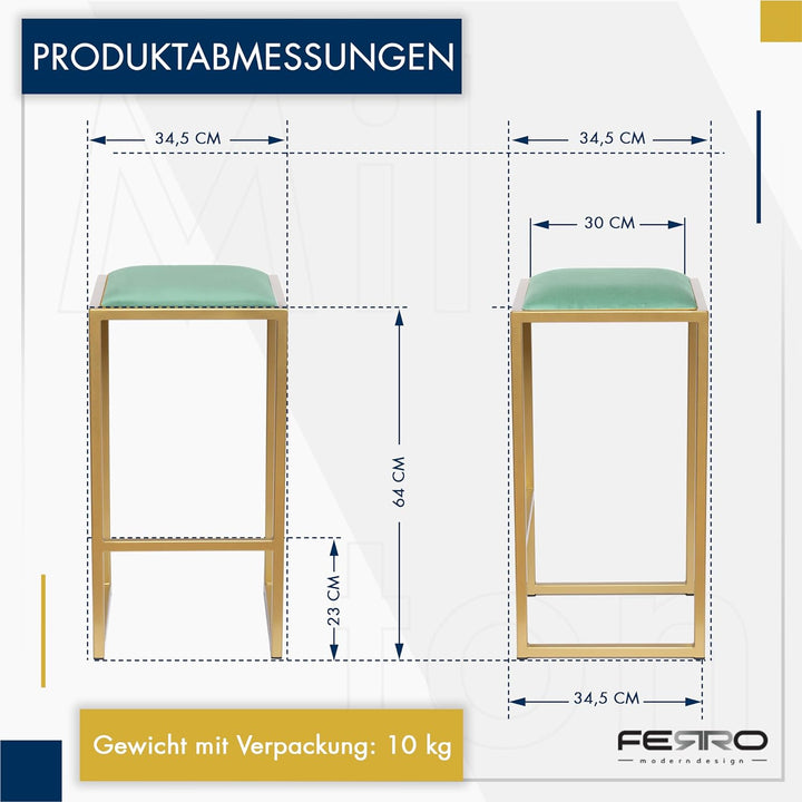 FERRO modern design Barhocker Gold ohne Lehne 64 cm - Metal Barstuhl mit Gepolstertem Sitz - Loft St