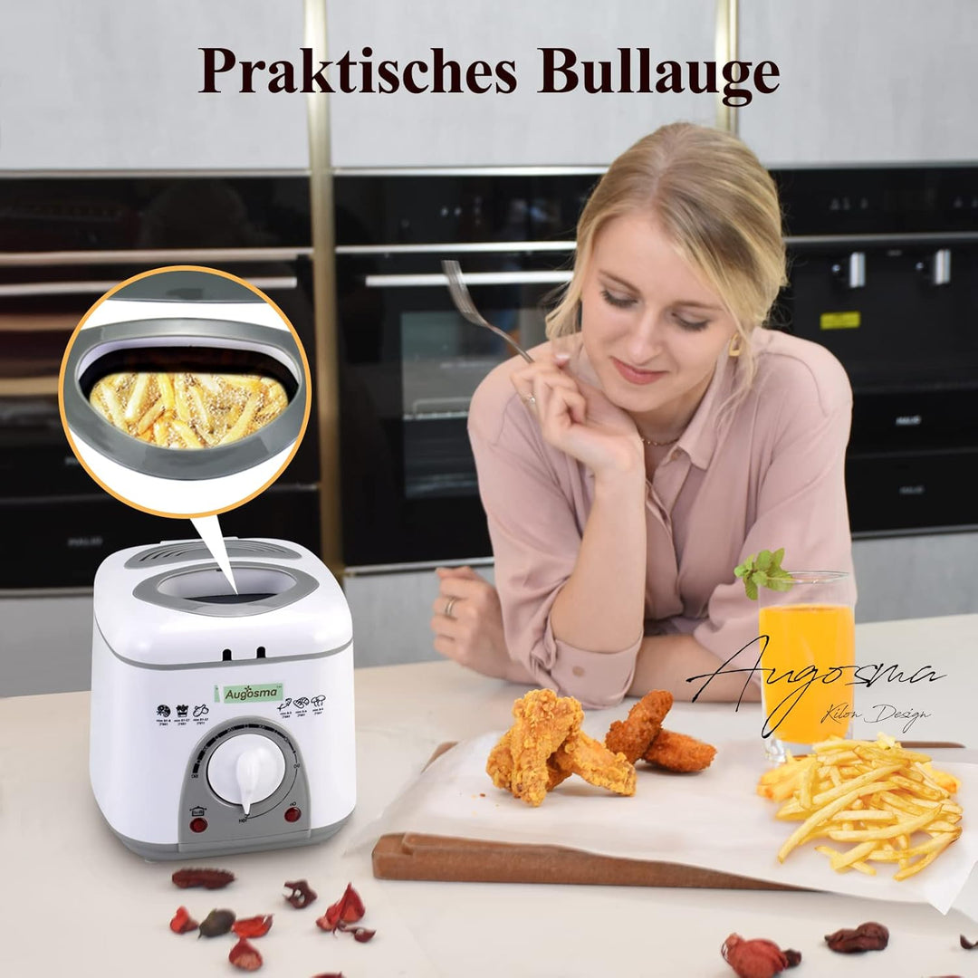 Augosma Mini Fritteuse Mit öl | 850-950W l Kapazität: 1 Liter l Sichtfenster l Frittierkorb aus Edel