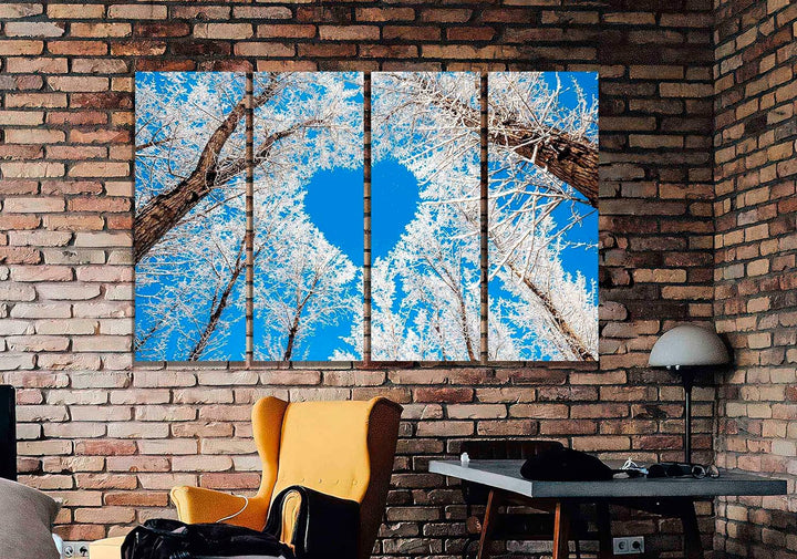 Leinwandbild, Herz-Baum mit blauem Himmel, 4-teilig, moderne Bilder, Heimbüro-Dekoration, gerahmtes