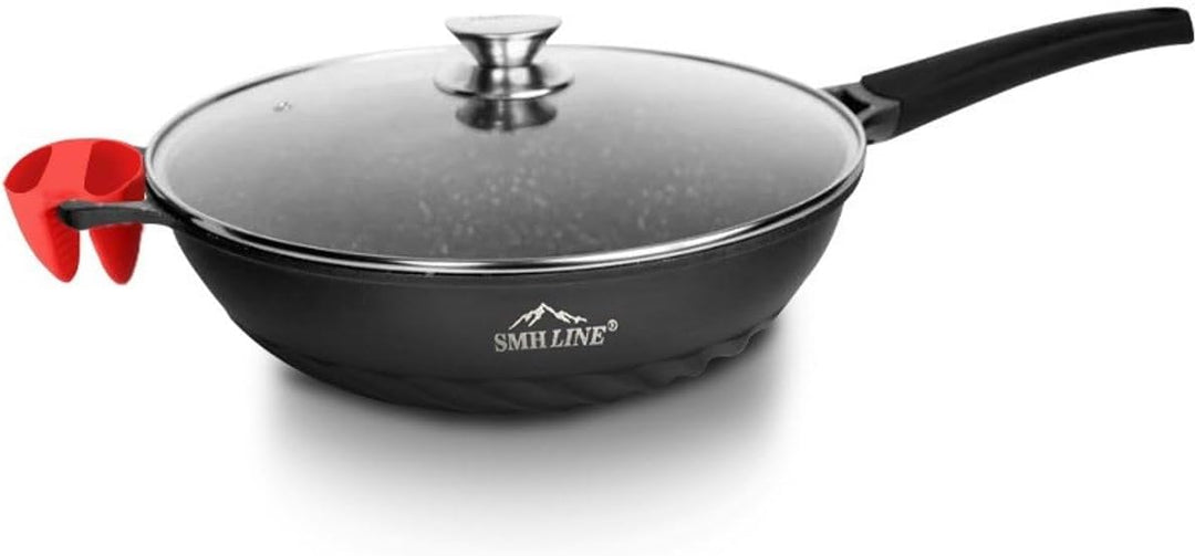 SMHLINE® Wokpfanne induktion, 28cm Wok mit Glasdeckel, Aluminiumguss, Antihaft Bratpfanne Topf, Brat