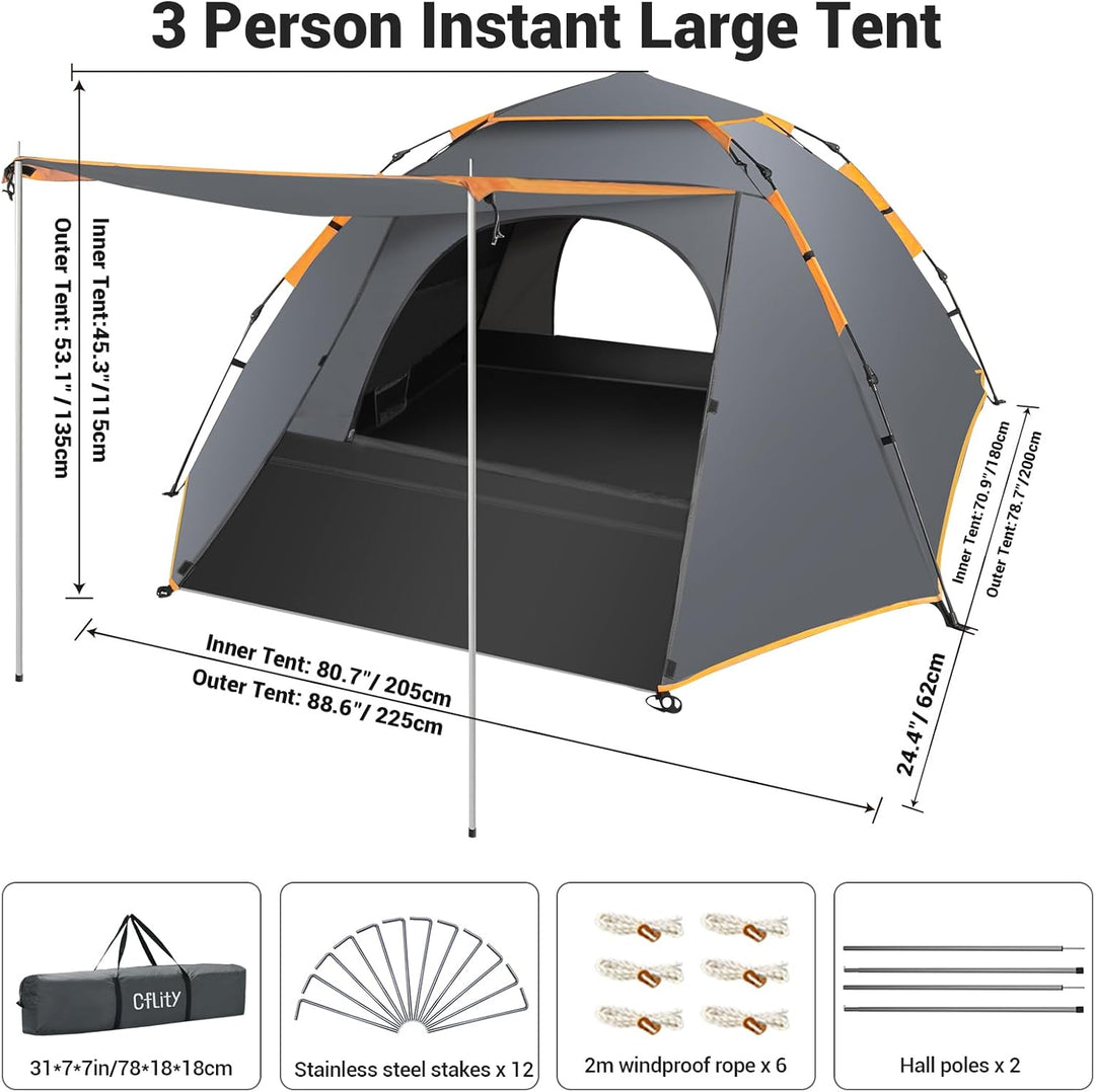 Cflity Camping Zelt, 3 Personen Pop Up Zelt Automatisches Instant DREI Schicht Wasserdicht 4 Jahresz