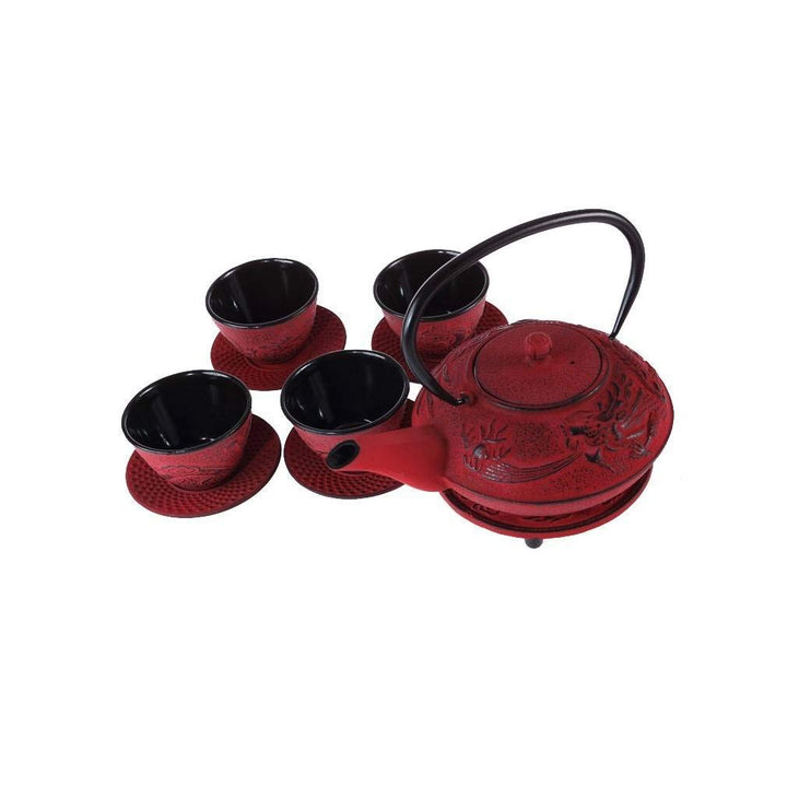 Lachineuse – Teeservice aus Gusseisen – Motiv Asiatischer Drache – 4 Personen Drache Rot, Drache Rot