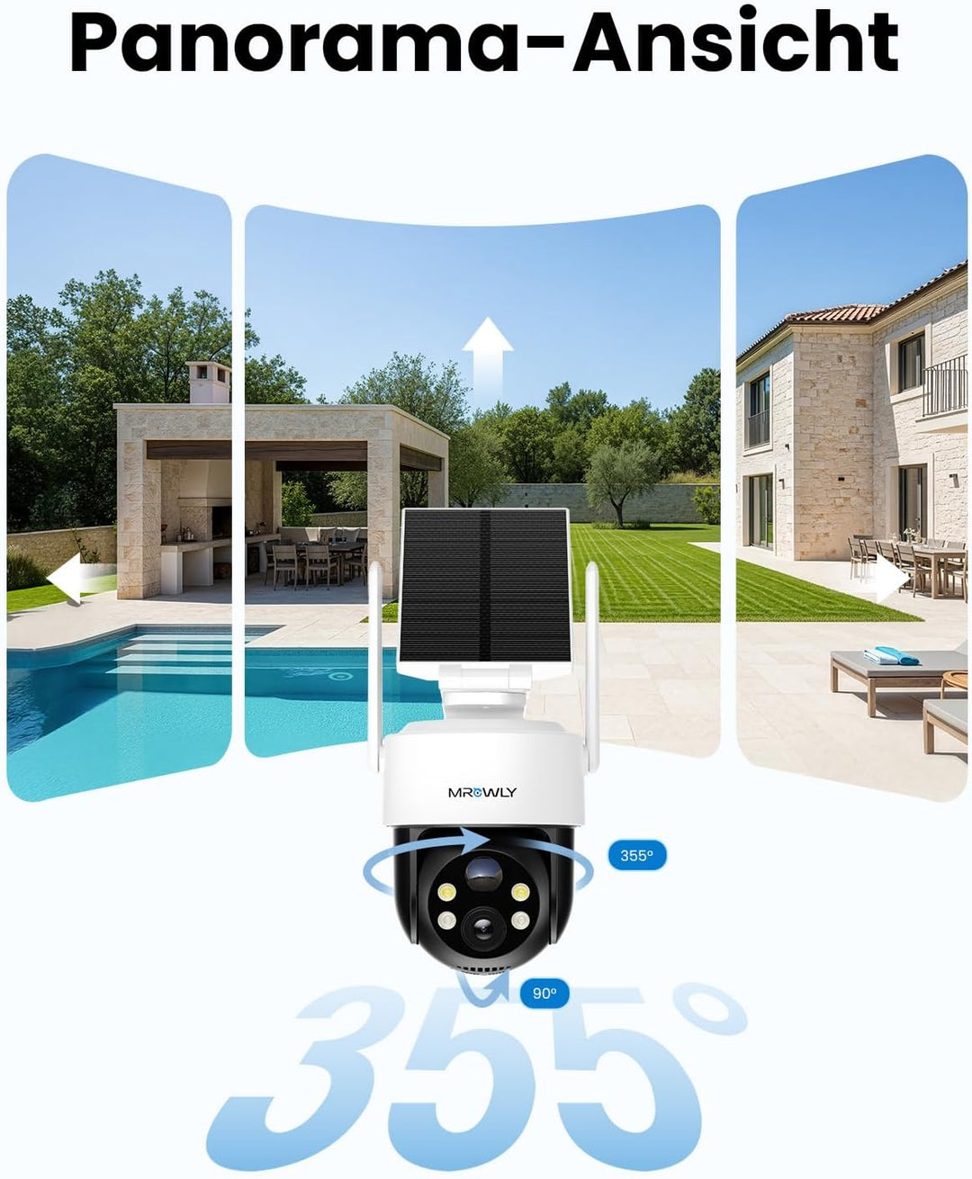2K Überwachungskamera Aussen Solar, 360° PTZ Kamera Überwachung Aussen Akku, 2,4GHz WLAN Kamera mit