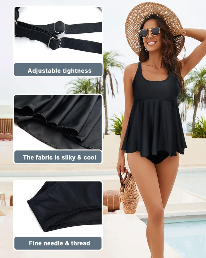 JFAN Tankini Damen Badeanzug Damen Bauchweg mit Rüschen Badekleider und Bikinihose M Schwarz, M Schw