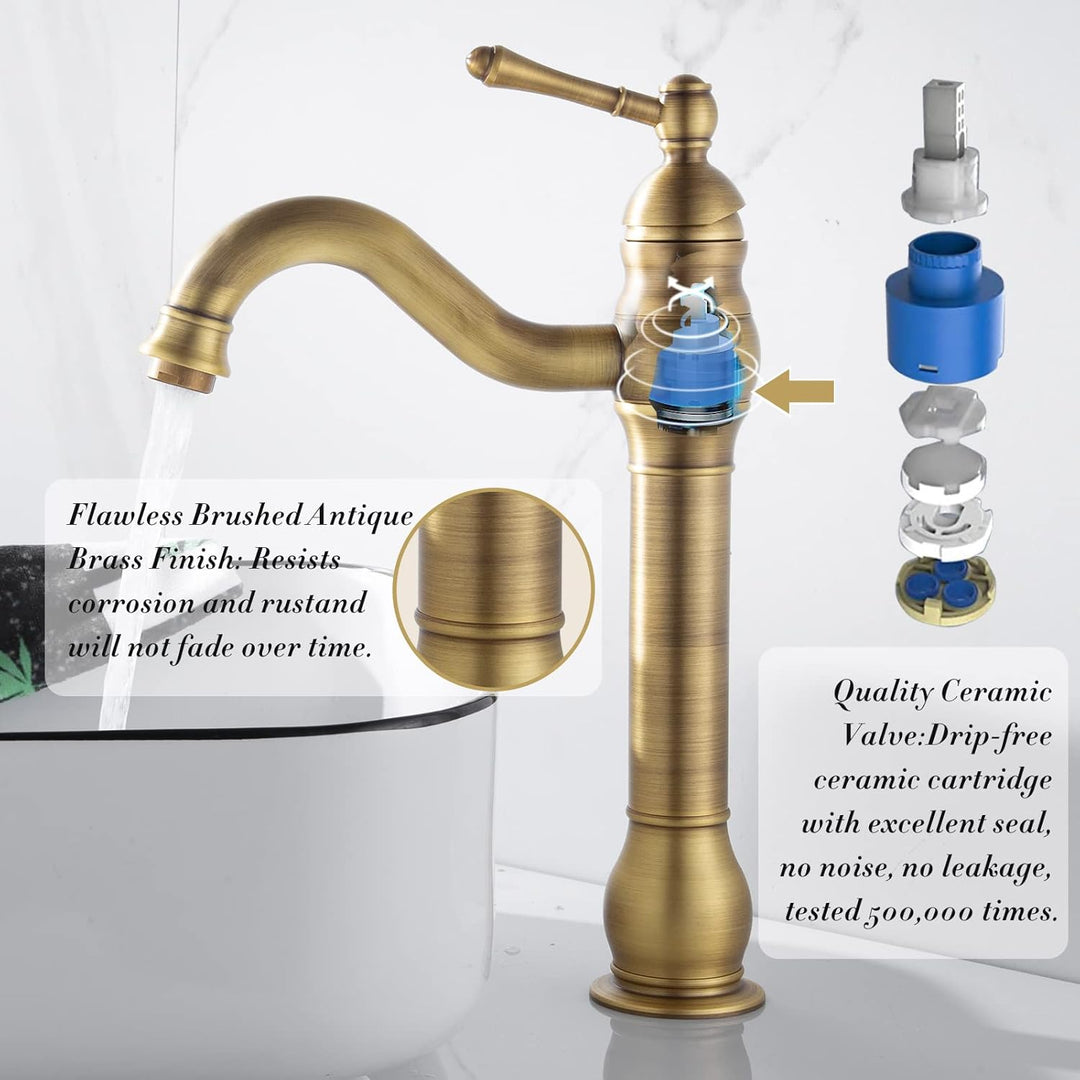 ROWINNAO Wasserhahn Bad Hoch Antikes Messing, Retro Gold Waschtischarmatur Hoch, 360° Schwenkbar Ein