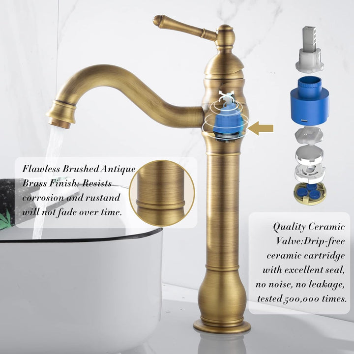 ROWINNAO Wasserhahn Bad Hoch Antikes Messing, Retro Gold Waschtischarmatur Hoch, 360° Schwenkbar Ein