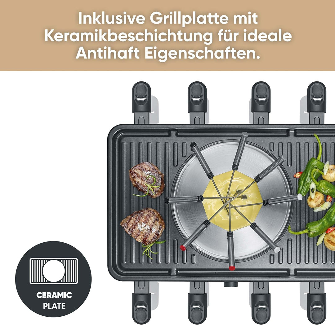 SEVERIN Raclette-Fondue-Kombination für 8 Personen, 2-in-1 Raclette Grill mit Grillplatte &amp; Fondue-S