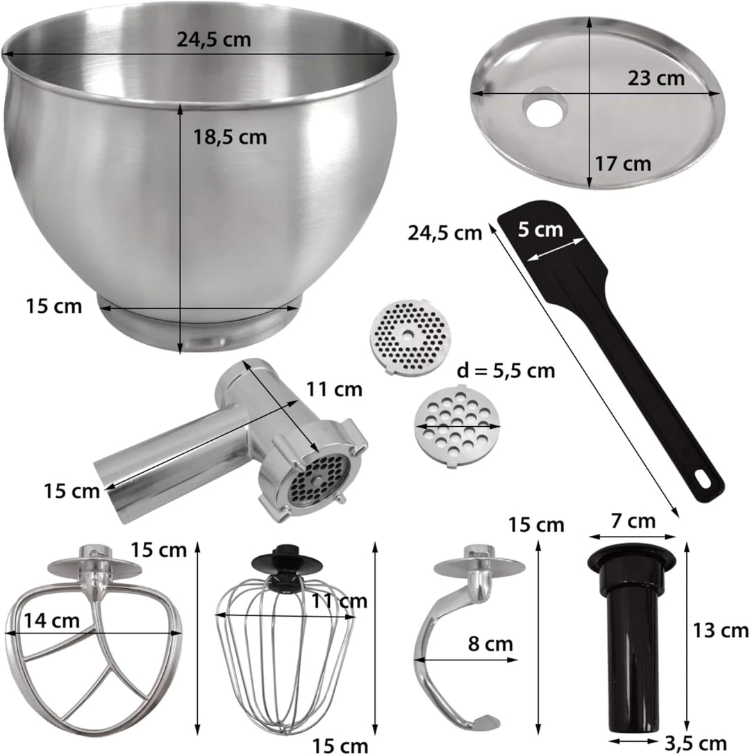 Syntrox Küchenmaschine Schwarz, Edelstahl 7 Liter Küchengerät & Fleischwolf, Zubehör für Teig und Cr