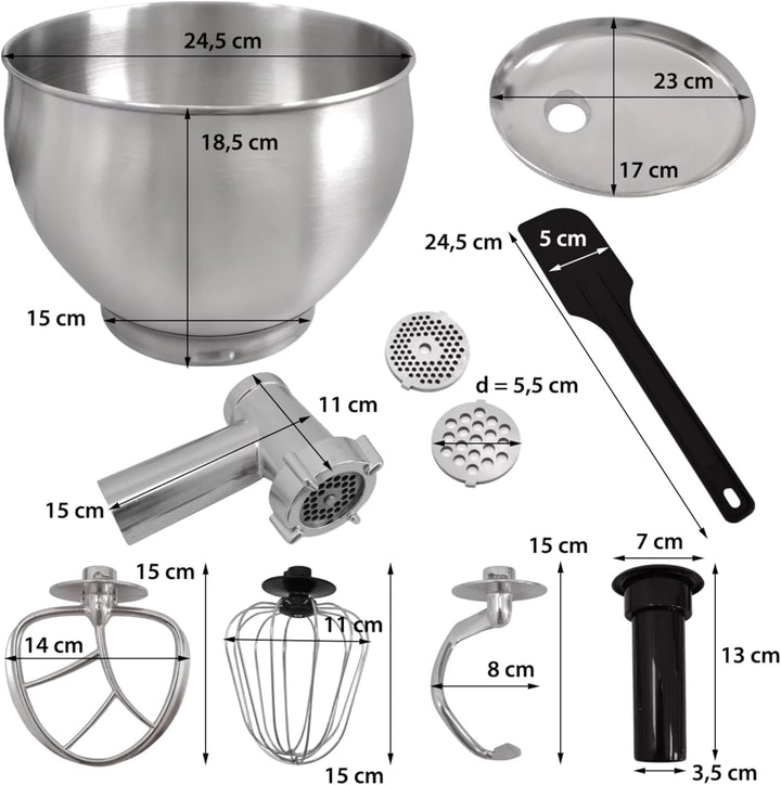 Syntrox Küchenmaschine Schwarz, Edelstahl 7 Liter Küchengerät & Fleischwolf, Zubehör für Teig und Cr