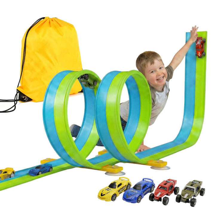 5M Flexible Autorennbahn Set mit 2 Loopings, 2-in-1 Rennbahn mit Autos & Tragtasche, Schwerkraft & P