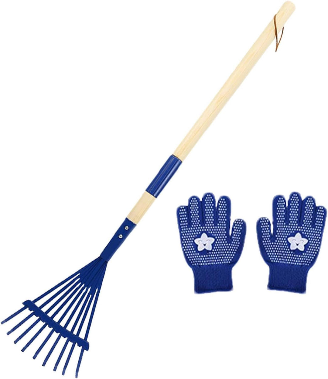 Kinder-Laubrechen 27 cm Abnehmbarer Holzstiel mit Handschuhen | Laubrechen für Gartenarbeit Camping