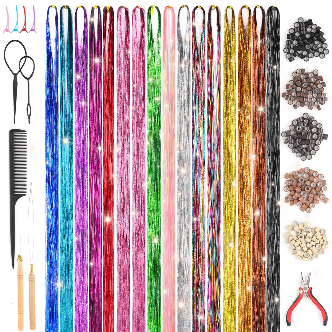 3200 Hair Tinsel,48 Inches Haar Lametta mit Werkzeug,16 Farben Glitzer Haarsträhnen zum Flechten Haa