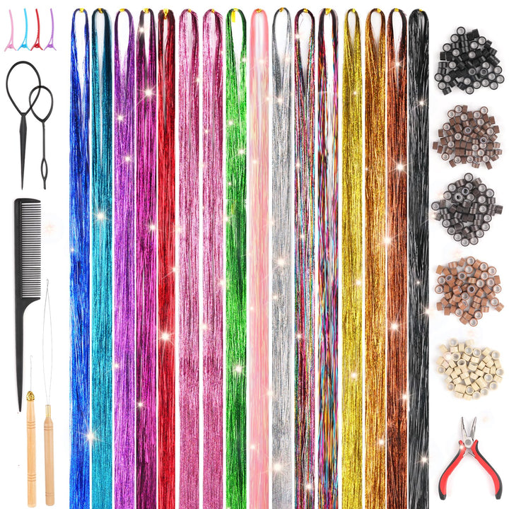 3200 Hair Tinsel,48 Inches Haar Lametta mit Werkzeug,16 Farben Glitzer Haarsträhnen zum Flechten Haa