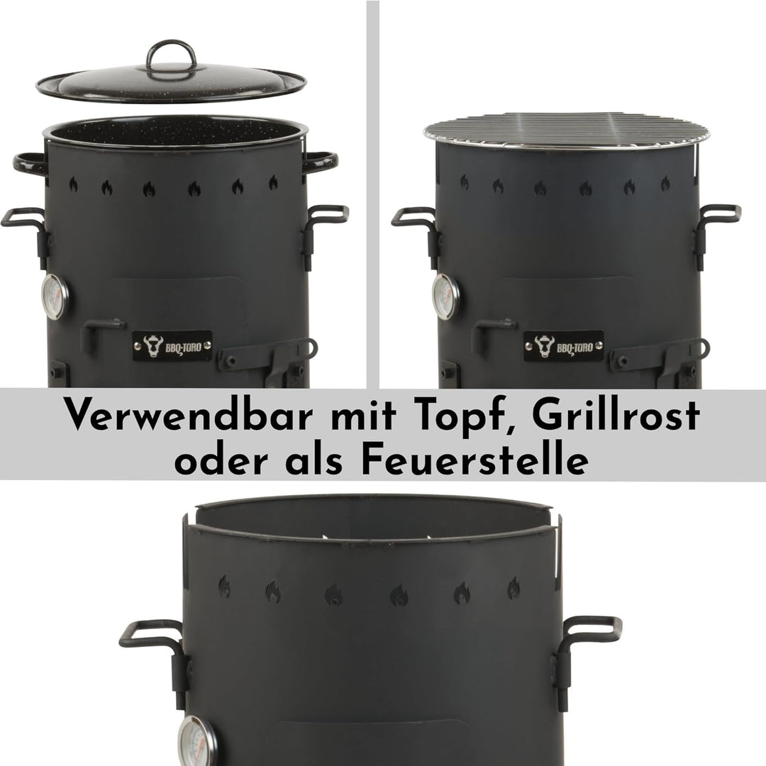 BBQ-Toro Eintopfofen Outdoor Ø 29 cm | Gulaschkanone mit Topf, Grillrost und Suppenkelle | Gulaschke