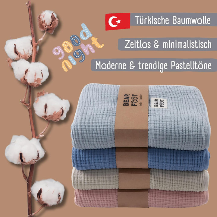 BEARFOOT Babydecke - Musselin Fleecedecke (Baumwolle, Fleece) flauschig weiche Kuscheldecke, Baby/Ne