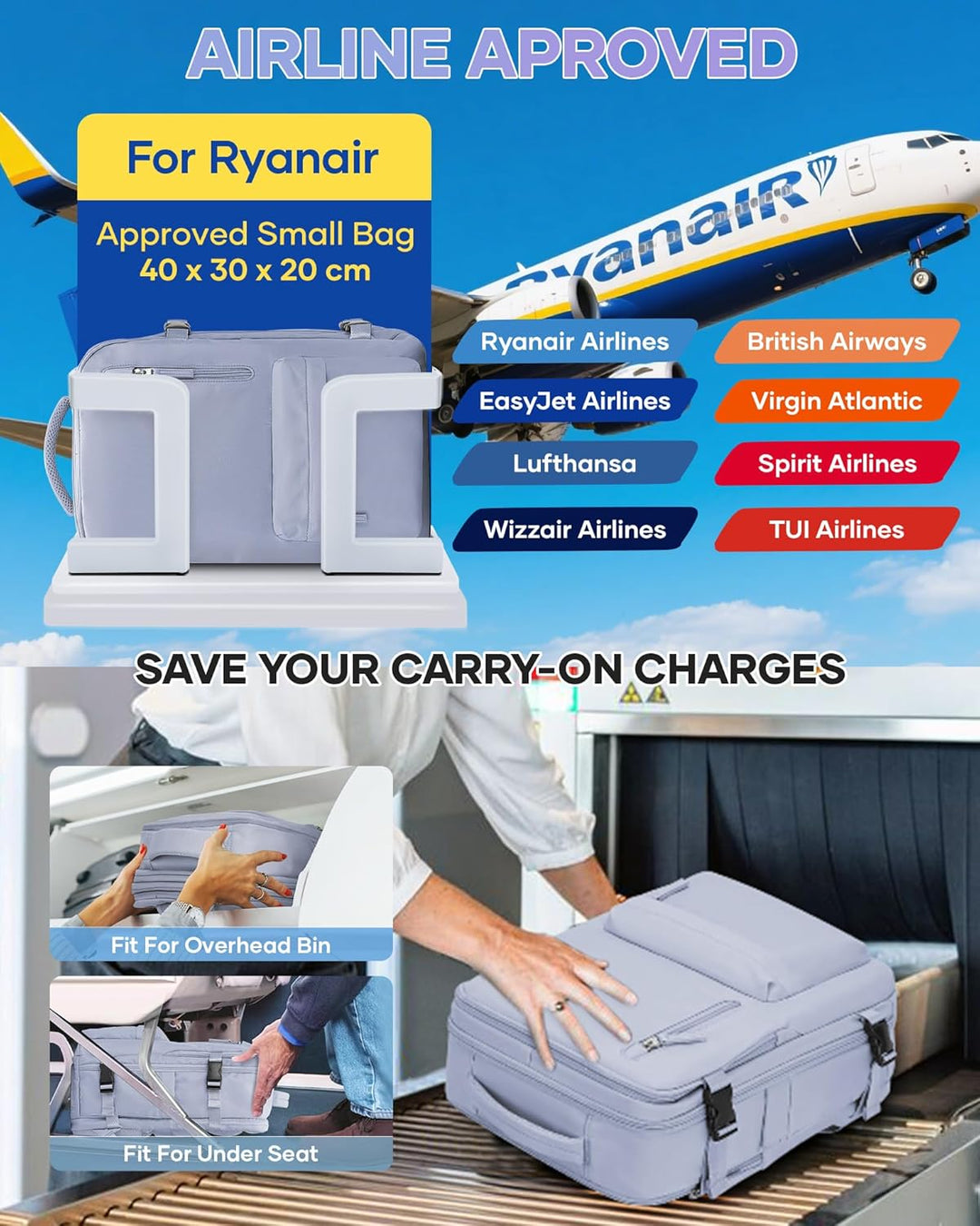 SZLX Vakuum Rucksack Handgepäck Damen, Airbag Rucksack Vakuum mit Vakuumsystem für Reisen, Ryanair V