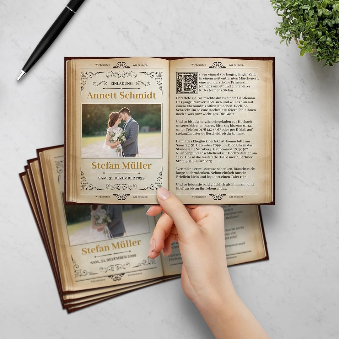 10 x Hochzeitseinladungen Hochzeit Einladungskarten individuell - Märchenbuch Liebesgeschichte
