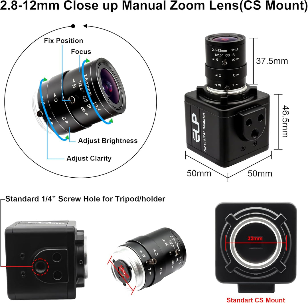 ELP 16MP HD USB-Kamera 2,8–12 mm 4-Fach optischer manueller Zoom CS-Mount-Objektiv, hohe Auflösung f