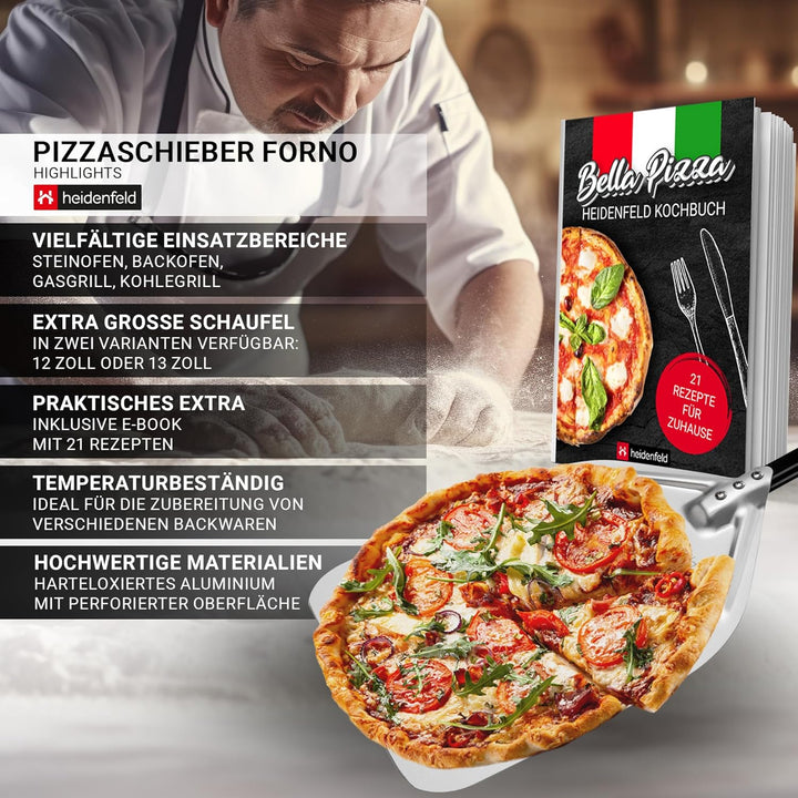 Heidenfeld Premium Pizzaschieber Forno | Pizzaschaufel perforiert - Grosse Fläche 34.0 x 33.0 cm - S